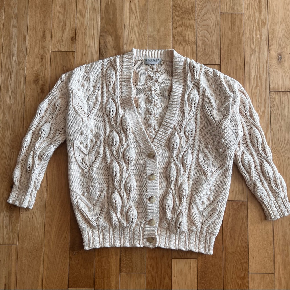 VTG Jaeger Womens Hand Knit Chunky Oversized Cream Cardigan 100% Cotton Size M